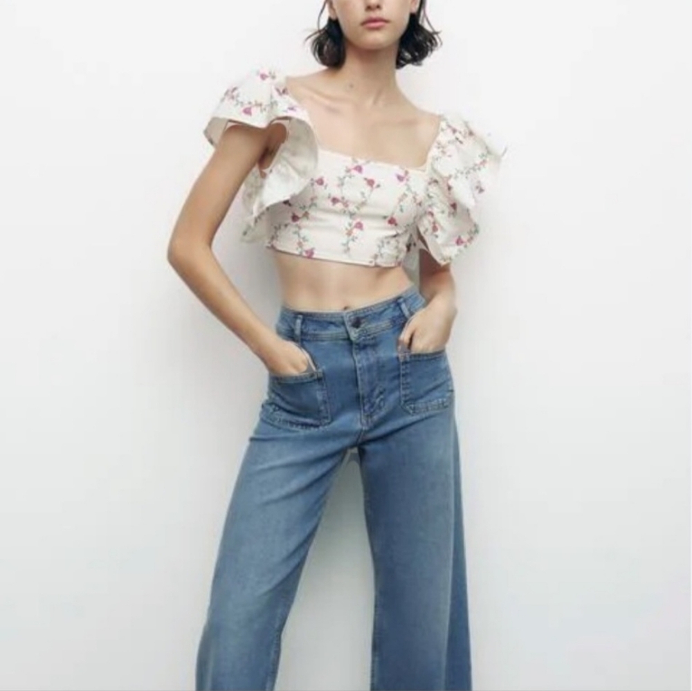 New Zara Puff Sleeve Floral Print Crop Top Size Large